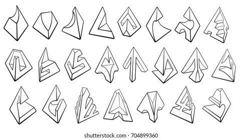 Set of 3D geometric shapes pyramid designs. Outline objects isolated on gray background. Vector collection 