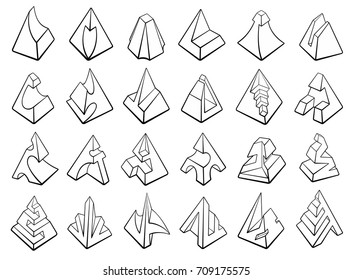 Set of 3D geometric shapes pyramid designs. Outline objects isolated on gray background. Vector collection 