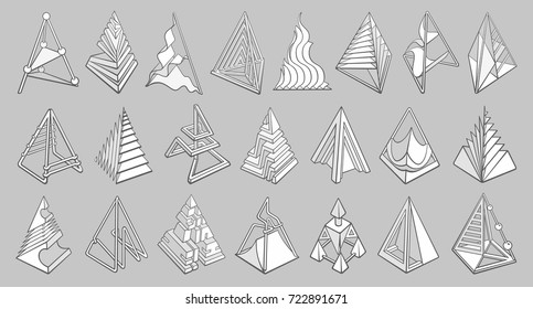Set of 3D geometric shapes pyramid designs. Outline objects isolated on gray background. Vector collection 