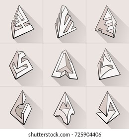Set of 3D geometric shapes pyramid designs. Outline objects isolated on gray background. Vector collection 