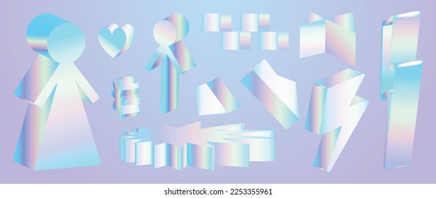 Set aus 3D geometrischen Formen Vektor. Farbige holografische Retro-Pop-Art-Design des geometrischen realistischen Element Symbol, menschliches Zeichen, Blitz, Herz. Design für Logo-Vorlage, Banner, Dekoration.
