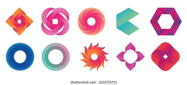 Set of 3d geometric shapes vector on black background. Vibrant colorful abstract elements icon, circle, spiral, gradient organic flower shapes design. Design for logo template, banner, decoration.