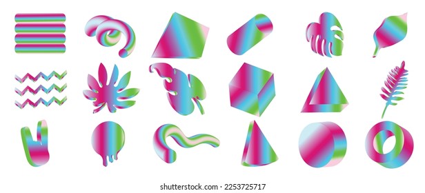 Set of 3d geometric shapes vector. Purple color holographic retro pop art design of geometric realistic icon, triangle, square, circle, leaf, worm shape. Design for logo template, banner, decoration.