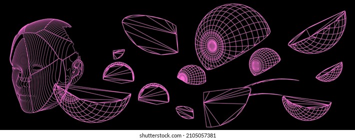Set of 3D geometric spherical shapes on a dark background. Low poly style vector illustration.