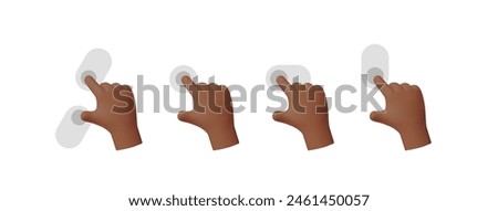 A set of 3D gestures with dark skin hands when using a touch screen. Icons include tapping, sliding one or two fingers in cartoon style for web and app interface design.