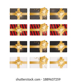Set of 3d gift box. The collection of realistic gifts is a top view. Element for design on the theme of the holidays. Vector illustration.