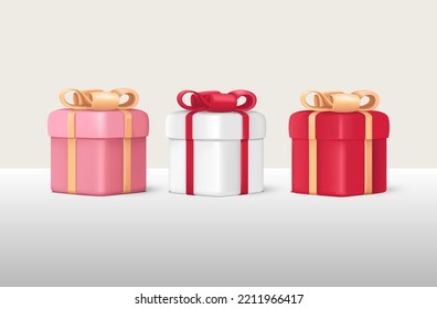 SET 3D Gift Box Fink, Red and white. 3d render modern holiday surprise box. Realistic vector icons