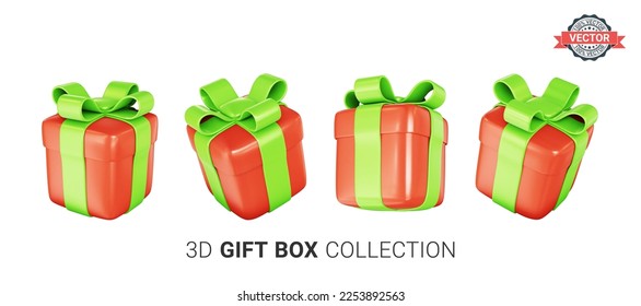 Set of 3D gift box icons with bows. Design elements collection for greeting cards or web banners. Realistic 3D vector illustration on a white background