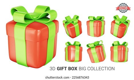 Set of 3D gift box icons with bows. Big collection of design elements for greeting cards or web banners. Realistic 3D vector illustration on a white background