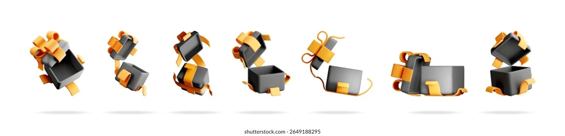 Conjunto de caja de regalo 3d con cintas. Artículo presente para la celebración, la sorpresa, la entrega, el producto, el premio, y el concepto de la Navidad.
