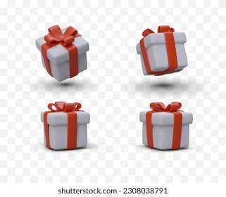 Set of 3D gift boxes with bows. Festive packaging of goods. Bonuses, surprises, additional free options. Elements for modern advertising, website design, mobile applications