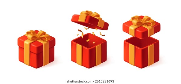 Set of 3D gift boxes. Icons in plasticine style with surprise decorated with ribbon and bow for holiday. Design for gift certificate. Realistic vector illustration collection isolated on background