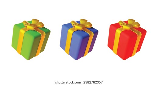 Set of 3d gift boxes. Realistic illustration of three holiday surprise boxes isolated on a white background. Vector 10 EPS.