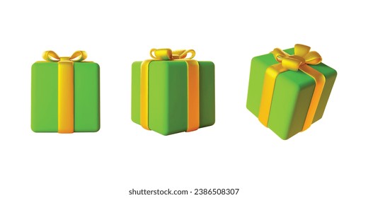 Set of 3d gift boxes. Realistic illustration of three green surprise boxes with gold ribbons isolated on a white background. Vector 10 EPS.