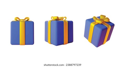 Set of 3d gift boxes. Realistic illustration of three blue surprise boxes with gold ribbons isolated on a white background. Vector 10 EPS.