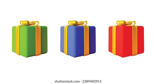 Set of 3d gift boxes. Realistic illustration of three holiday surprise boxes isolated on a white background. Vector 10 EPS.