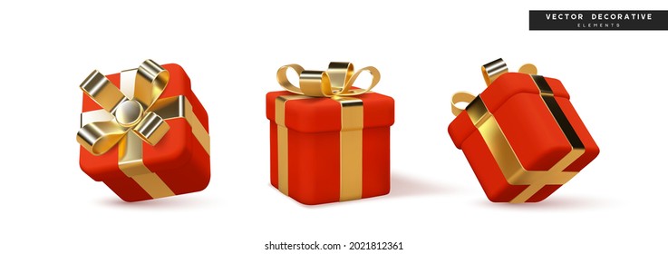 Set of 3d gift boxes wrapped golden ribbon isolated on white background. Holiday or seasonal discount decorative elements. Vector illustration.