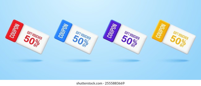 Set of 3d gift voucher 50% OFF coupon. Realistic coupon design for promotion offers, tickets, and discount coupons. 3D render in cartoon style Isolated vector illustration.