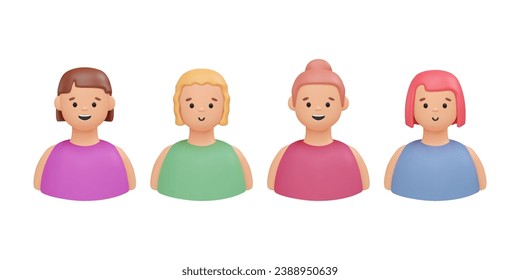 Set of 3d girls portraits. Cute women face, render of profile avatar in cartoon plastic style. Vector illustration. Female cheerful character with various short hair. Isolated icon, child clipart.