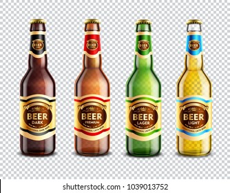 Set of 3d glass beer bottles with colorful stickers isolated on transparent background vector illustration