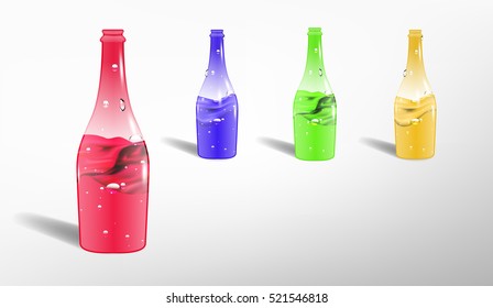 Set of 3d glass bottles with colorful liquids.