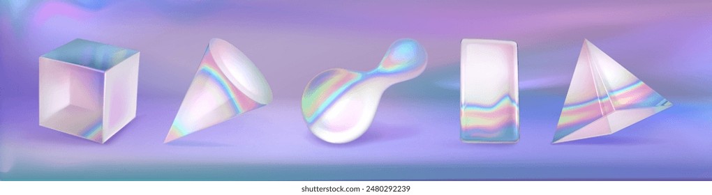 Set of 3D glass geometric objects isolated on background. Vector realistic illustration of iridescent abstract, cube, cone, pyramid shape design elements with transparent rainbow color surface