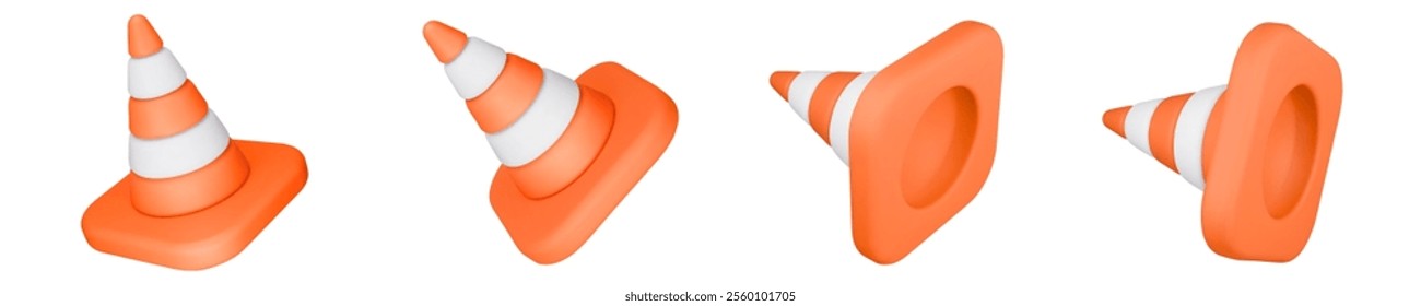Set 3d glass and matt plastic icon, render. Realistic traffic cone, isolated on white. Vector illustration for postcard, poster, banner, web, design, arts, advertising