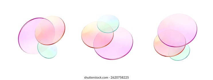 Definir ícone de forma arredondada de vidro 3d. Círculo transparente pódio, placa, disco, lente voando. Elemento de cristal de cor abstrata. Plataforma de gradiente de pastel com efeito de morfismo de vidro. Ilustração realista de vetor