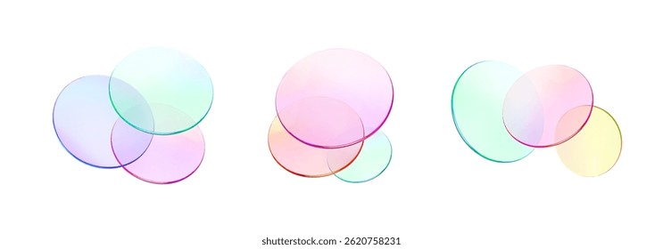 Set 3d glass round shape icon. Transparent circle podium, plate, disk, lens flying. Abstract color crystal element. Pastel gradient platform with glass morphism effect. Vector realistic illustration