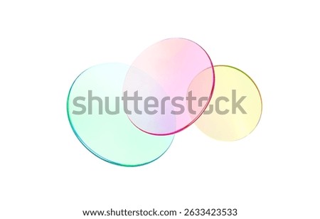 Set 3d glass round shape icon. Transparent circle podium, plate, disk, lens flying. Abstract color crystal element. Pastel gradient platform with glass morphism effect. Vector realistic illustration