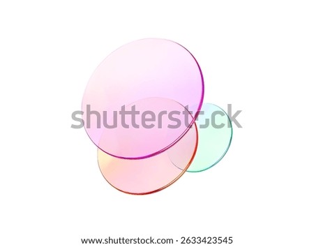 Set 3d glass round shape icon. Transparent circle podium, plate, disk, lens flying. Abstract color crystal element. Pastel gradient platform with glass morphism effect. Vector realistic illustration