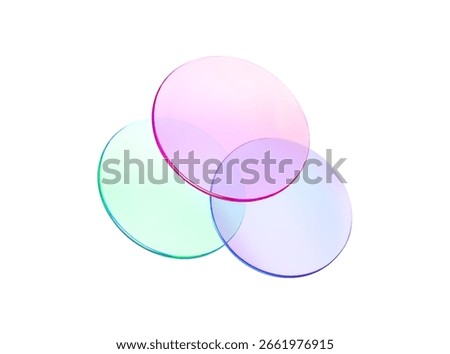 Set 3d glass round shape icon. Transparent circle podium, plate, disk, lens flying. Abstract color crystal element. Pastel gradient platform with glass morphism effect. Vector realistic illustration