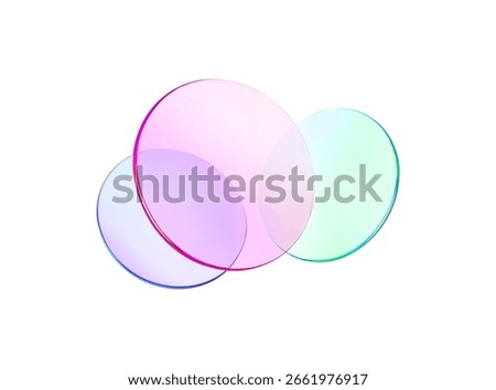 Set 3d glass round shape icon. Transparent circle podium, plate, disk, lens flying. Abstract color crystal element. Pastel gradient platform with glass morphism effect. Vector realistic illustration