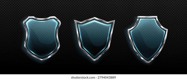 Набор 3D стеклянных экранов, изолированных на прозрачном фоне. Векторная реалистичная иллюстрация иконки защиты с неоновым синим свечением и серебряной рамкой, символ безопасности для медицинской страховки баннер
