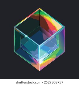 A set of 3D glass square shapes featuring stunning refraction and a holographic effect, isolated on a black background.