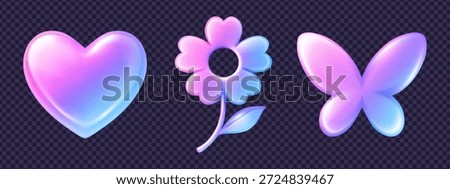 Set of 3d glass y2k icon elements with holographic hologram style showing heart, flower and butterfly in soft pink blue tones and smooth reflections. Ideal for gentle 3d y2k icon visuals.