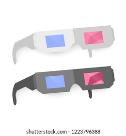 Set of 3D Glasses, black and white colors, Icons isolated on White. Vector Illustration. Flat Simple Icon. Cinema Movie Film Watching Design Element.