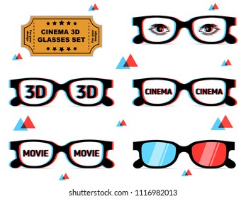 Set of 3d glasses with chromatic aberration and colored lens, perfect for graphic design, fabric, fashion. web and smm. Vector on white background with red and blue triangles