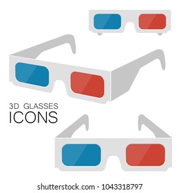 Set of 3D Glasses Icons isolated on White Background. Vector Illustration. Realistic Style Simple Icons. Cinema Movie Film Watching Design Element.