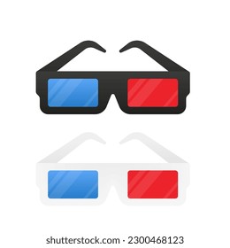 Set of 3D glasses icons isolated on white. Flat simple icon. Design element for watching cinema movies. White and black glasses. Cinema Movie. Vector illustration