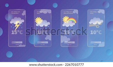 Set of 3d glassmorphism weather forecast app template Interface design kit. Day meteo icons on dark blue gradient background Season collections smartphone glass morphism screen Vector illustrations.
