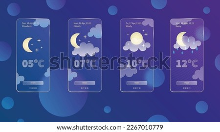 Set of 3d glassmorphism weather forecast app template Interface design kit. Night meteo icons on dark blue gradient background Season collections smartphone glass morphism screens Vector illustrations