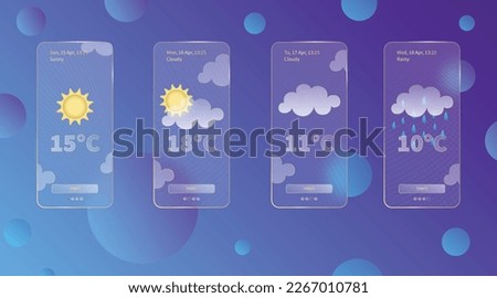 Set of 3d glassmorphism weather forecast app template Interface design kit. Day meteo icons on dark blue gradient background Season collections smartphone glass morphism screen Vector illustrations.