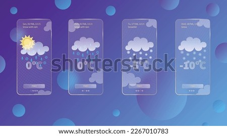 Set of 3d glassmorphism weather forecast app template Interface design kit. Winter meteo icons on dark blue gradient background Season collections smartphone glass morphism screen Vector illustrations