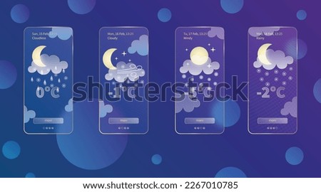 Set of 3d glassmorphism weather forecast app template Interface design kit. Night meteo icons on dark blue gradient background Season collections smartphone glass morphism screens Vector illustrations