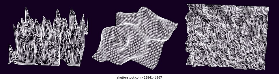 Set of 3D glitched planes made of mesh. Generative art plots for data visualization and analysis subjects. 