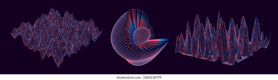 Conjunto de planos rayados 3D hechos de malla. Gráficos de arte generativo para sujetos de visualización y análisis de datos. 