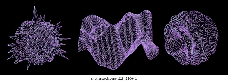 Conjunto de formas rayadas 3D hechas de malla. Gráficos de arte generativo para sujetos de visualización y análisis de datos. 