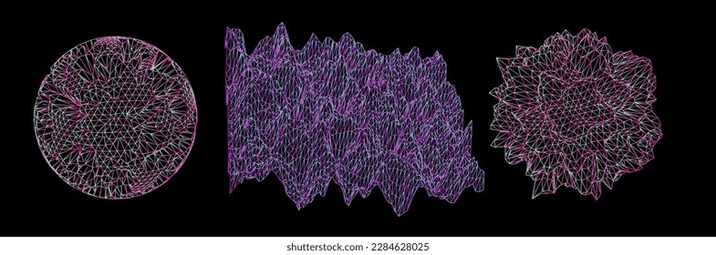 Set of 3D glitched shapes made of mesh. Generative art plots for data visualization and analysis subjects. 