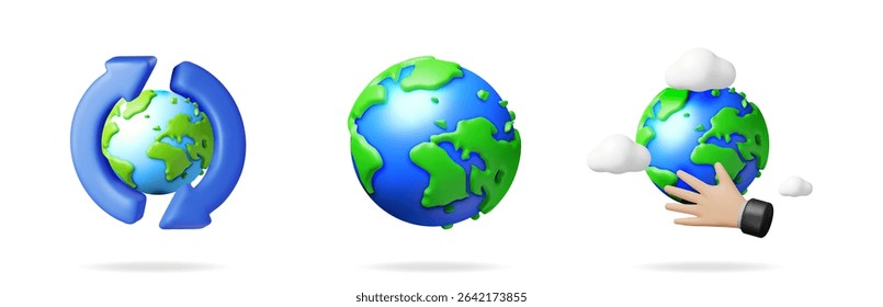 Set of 3D globe icons, one with recycling arrows, one plain earth, and one with a hand and clouds, for environmental concepts.
